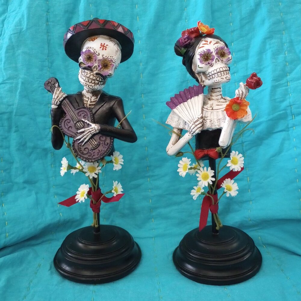 Pair of Day of the Dead Figurines with Embellishments Added for OOAK Look